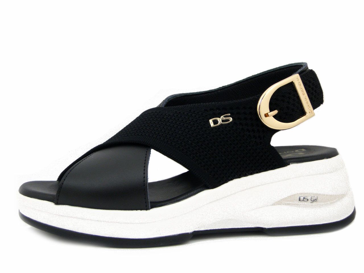 Sandali Donna in Pelle e Tessuto Nero, Zeppa Media 5 cm, DONNA SERENA - 9M6091