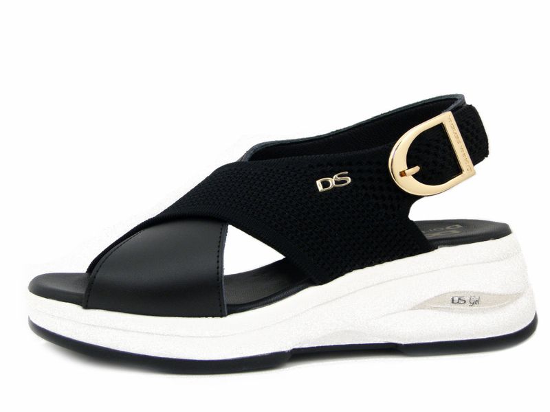 Sandali Donna in Pelle e Tessuto Nero, Zeppa Media 5 cm, DONNA SERENA - 9M6091