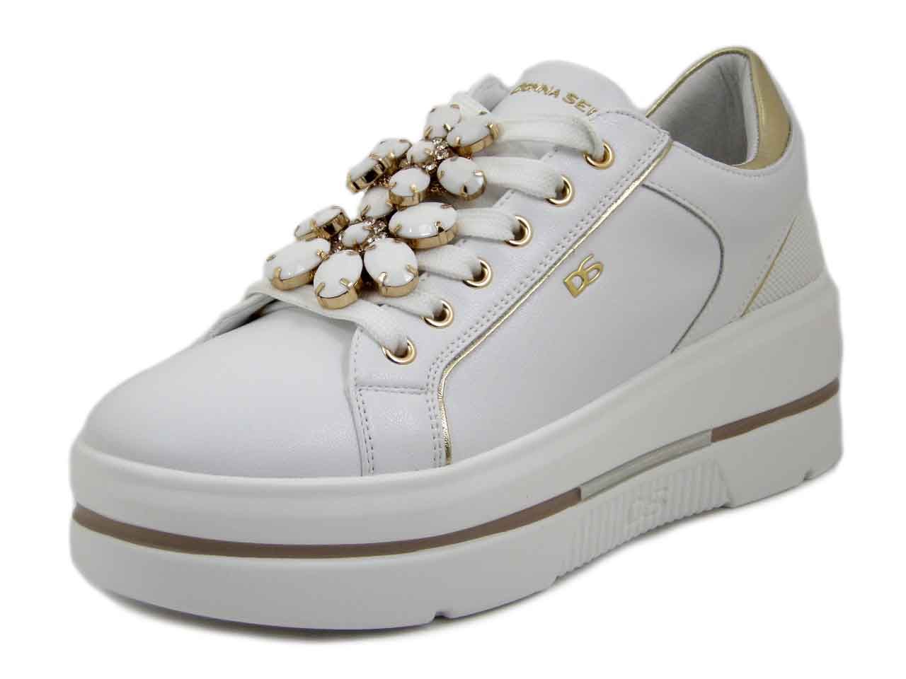 Sneakers Donna Gioiello Bianche in Pelle, Zeppa 5 cm, Plantare Estraibile, DONNA SERENA - 185975