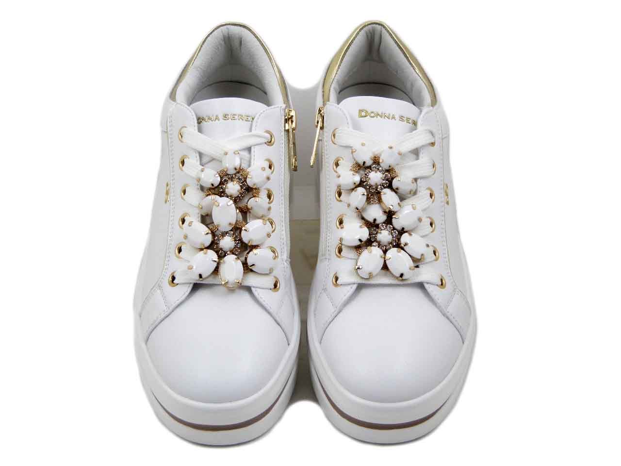 Sneakers Donna Gioiello Bianche in Pelle, Zeppa 5 cm, Plantare Estraibile, DONNA SERENA - 185975