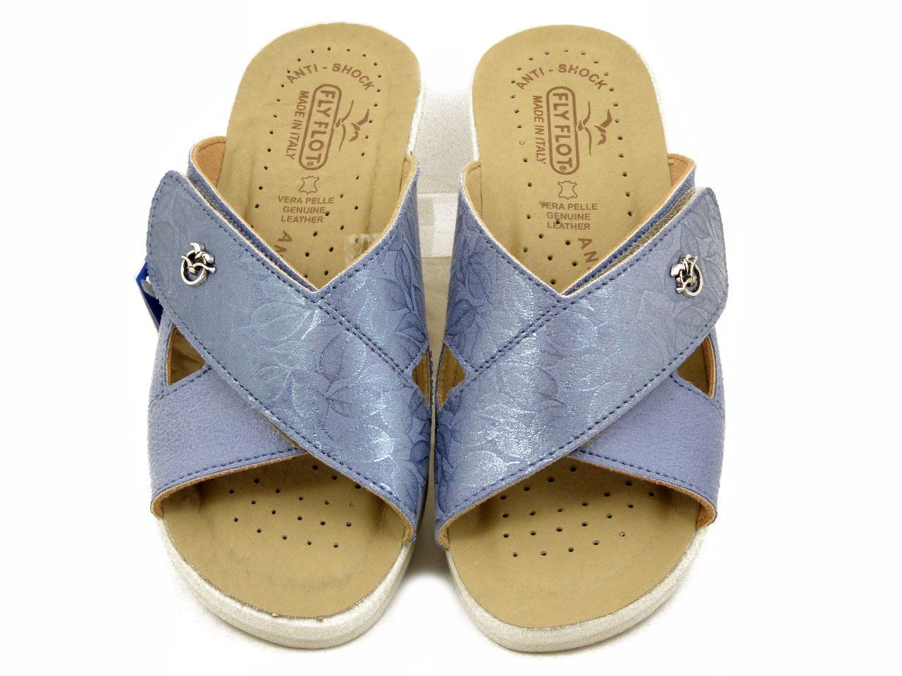 Sandali Donna, ciabatte  in Eco Pelle Blu Celeste con Strap, Sottopiede in Vera Pelle, Zeppa Media 5 cm, FlyFlot - 96J80BL