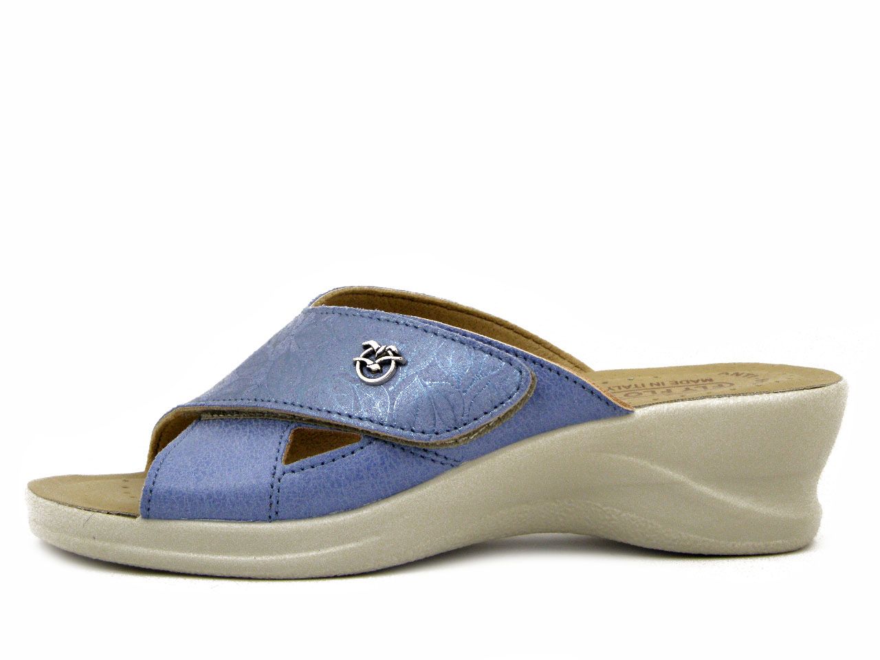 Sandali Donna, ciabatte  in Eco Pelle Blu Celeste con Strap, Sottopiede in Vera Pelle, Zeppa Media 5 cm, FlyFlot - 96J80BL