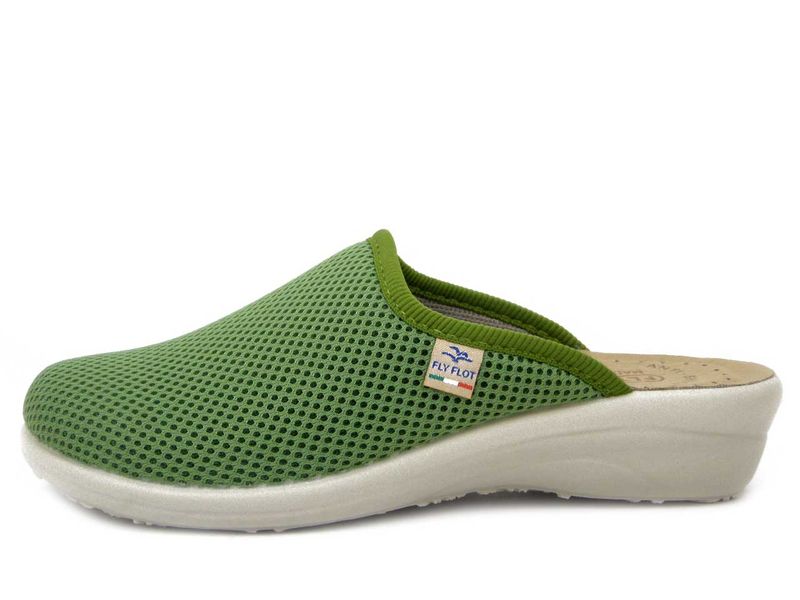 Pantofole Donna Leggere in Tessuto Verde, Zeppa Bassa, Sottopiede in Vera Pelle , FLYFLOT - T4368VE