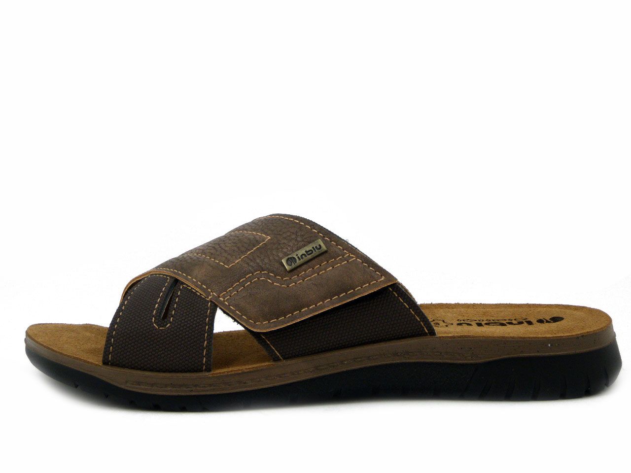Ciabatte Uomo in Eco Pelle Marrone con Strap, Sottopiede Vera Pelle, INBLU - ID18MA