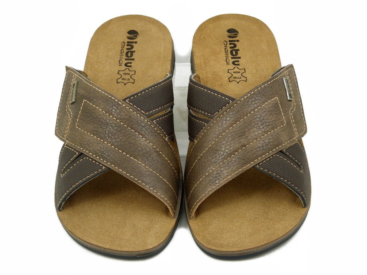 Ciabatte Uomo in Eco Pelle Marrone con Strap, Sottopiede Vera Pelle, INBLU - ID18MA
