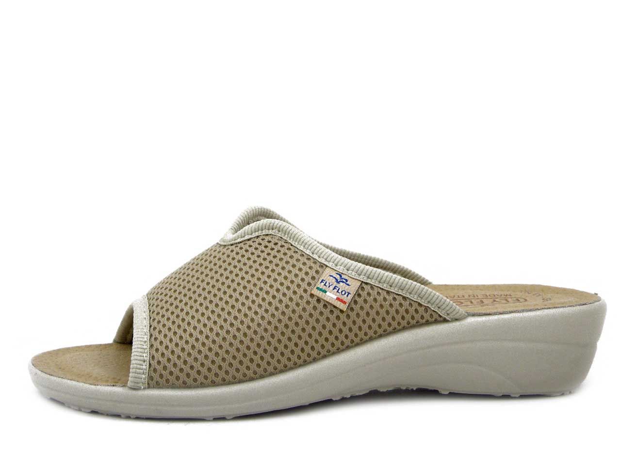 Ciabatte Donna in Tessuto Beige, Sottopiede Anatomico in Vera Pelle, Zeppa Bassa, Fly Flot - T4429BE