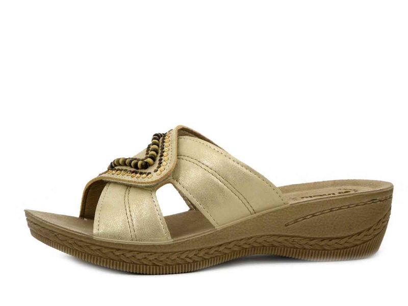 Ciabatta Donna in Eco Pelle Beige Platino con Strap, Sottopiede Vera Pelle, Zeppa Bassa,  INBLU - DL02