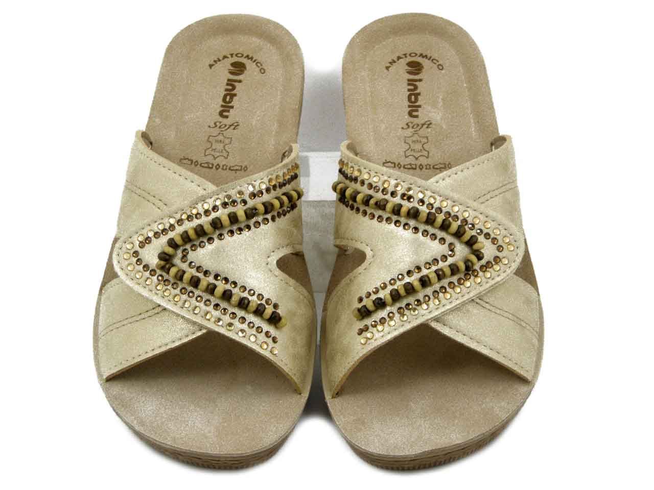 Ciabatta Donna in Eco Pelle Beige Platino con Strap, Sottopiede Vera Pelle, Zeppa Bassa,  INBLU - DL02