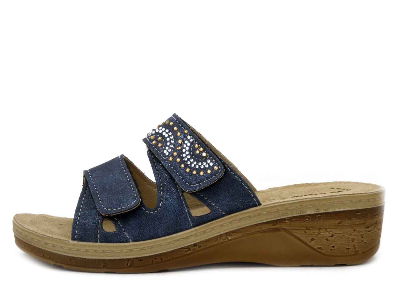 Ciabatta Donna in Eco Pelle Blu con Doppio Strap, Sottopiede Vera Pelle, Zeppa Bassa 4 cm, INBLU - PV15 Ciabatta Donna in Eco Pelle Blu con Doppio Strap, Sottopiede Vera Pelle, Zeppa Bassa 4 cm, INBLU - PV15