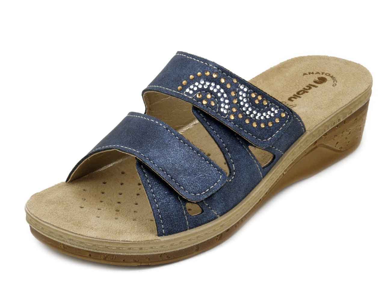 Ciabatta Donna in Eco Pelle Blu con Doppio Strap, Sottopiede Vera Pelle, Zeppa Bassa 4 cm,  INBLU - PV15