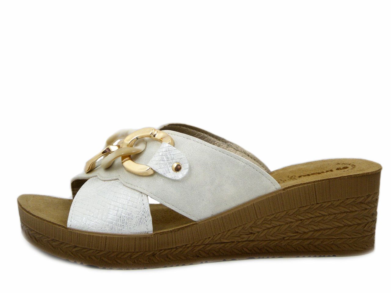 Ciabatta Donna in Eco Pelle Bianco, Sottopiede Vera Pelle, Zeppa Media e Plateau,  INBLU - GO16