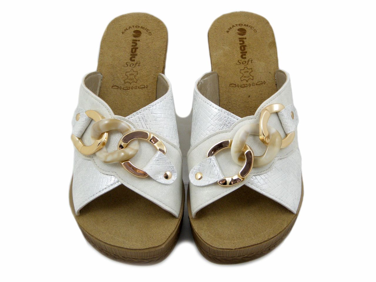 Ciabatta Donna in Eco Pelle Bianco, Sottopiede Vera Pelle, Zeppa Media e Plateau,  INBLU - GO16