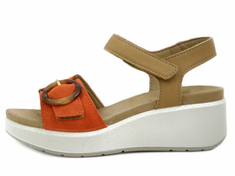 Sandali Donna in Pelle Beige e Arancio con Strap, Zeppa Media e Plateau, Imac - 109011