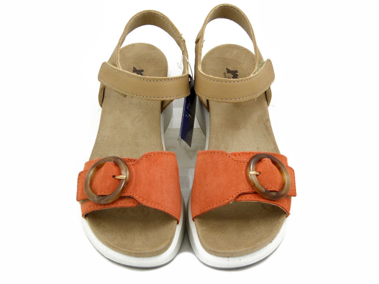 Sandali Donna in Pelle Beige e Arancio con Strap, Zeppa Media e Plateau, Imac - 109011
