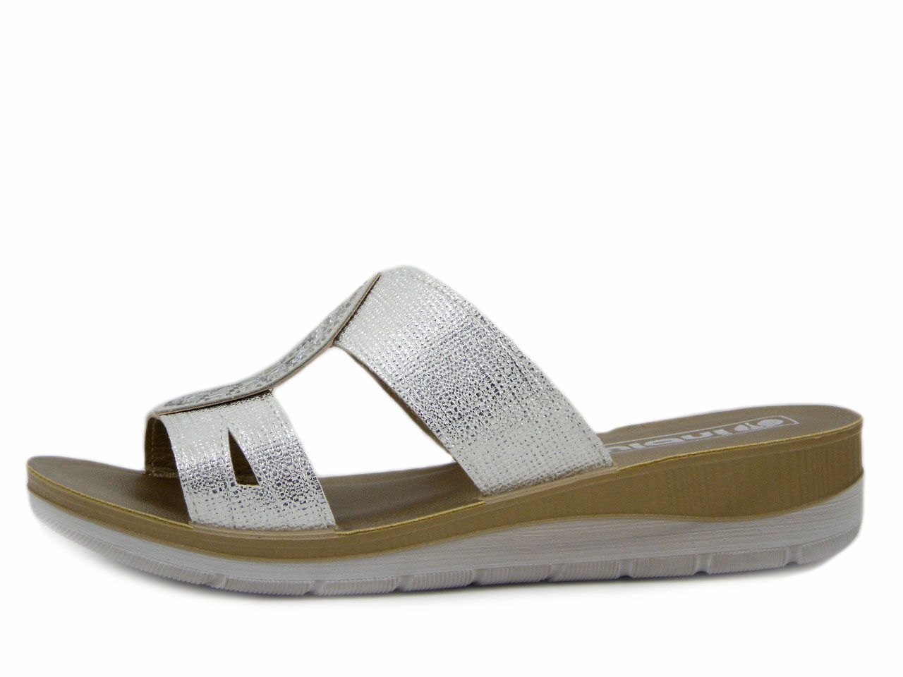 Ciabatta Donna in Eco Pelle Argento con Strass, Zeppa Bassa 3 cm, INBLU - BV48