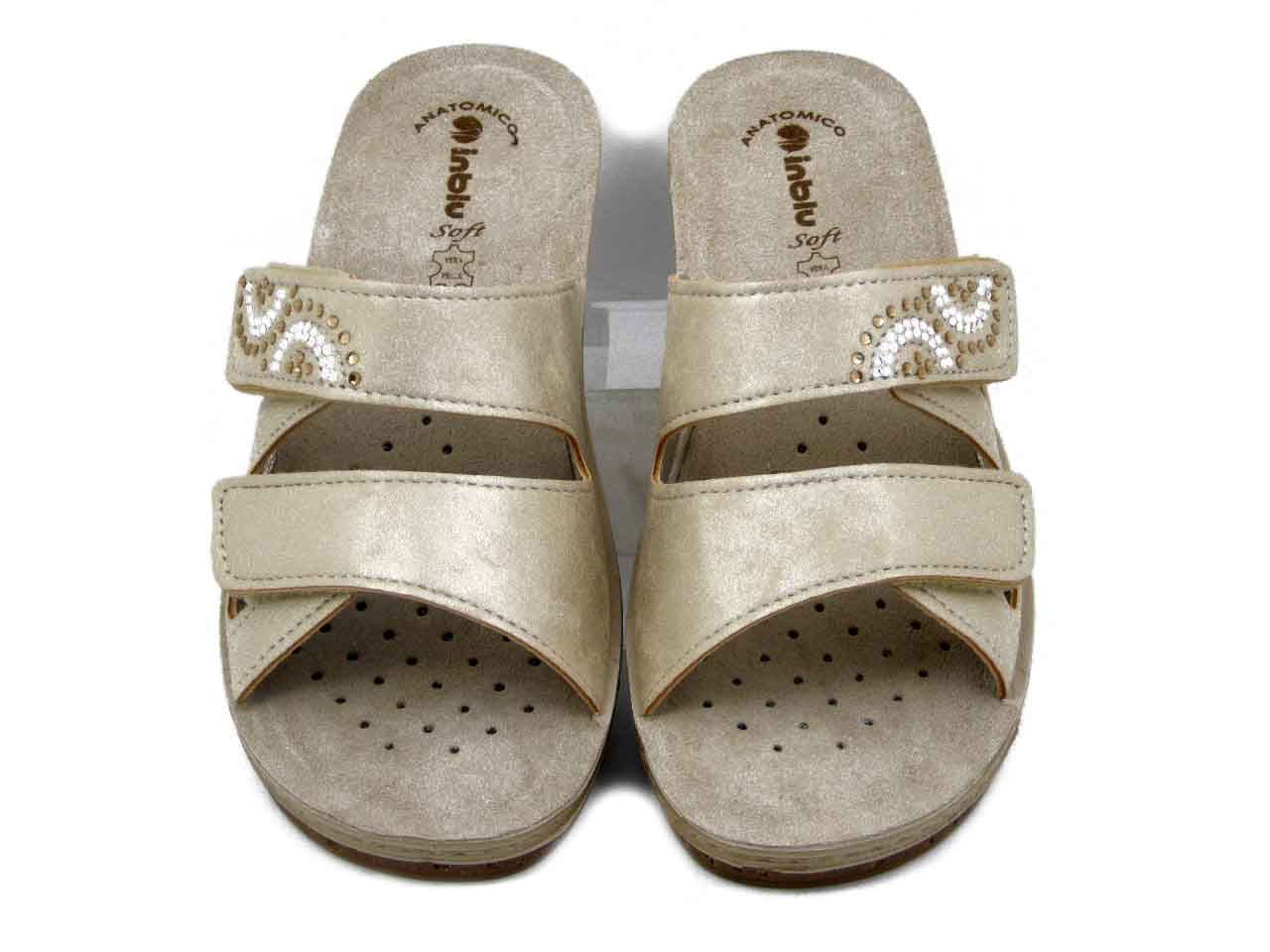 Ciabatta Donna in Eco Pelle Beige Platino con Doppio Strap, Sottopiede Vera Pelle, Zeppa Bassa 4 cm,  INBLU - PV15SA