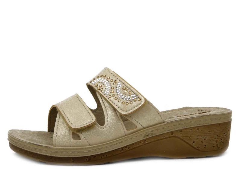 Ciabatta Donna in Eco Pelle Beige Platino con Doppio Strap, Sottopiede Vera Pelle, Zeppa Bassa 4 cm,  INBLU - PV15SA