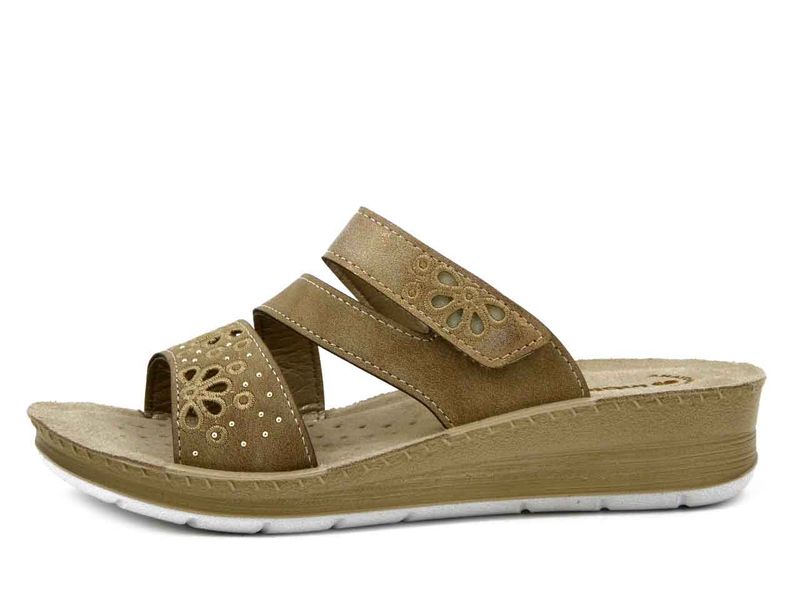 Ciabatta Donna in Eco Pelle Beige, Sottopiede Vera Pelle, Zeppa Bassa,  INBLU - FC67