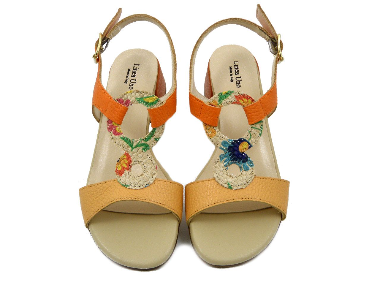 Sandali Donna in Pelle Arancio e Beige, Tacco Basso 3 cm, Linea Uno - K1521