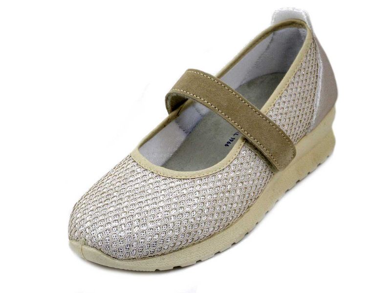 Ballerine Donna in Tessuto Beige con Strap, Zeppa Bassa Antiscivolo, Sottopiede Estraibile, EMANUELA - SUN51