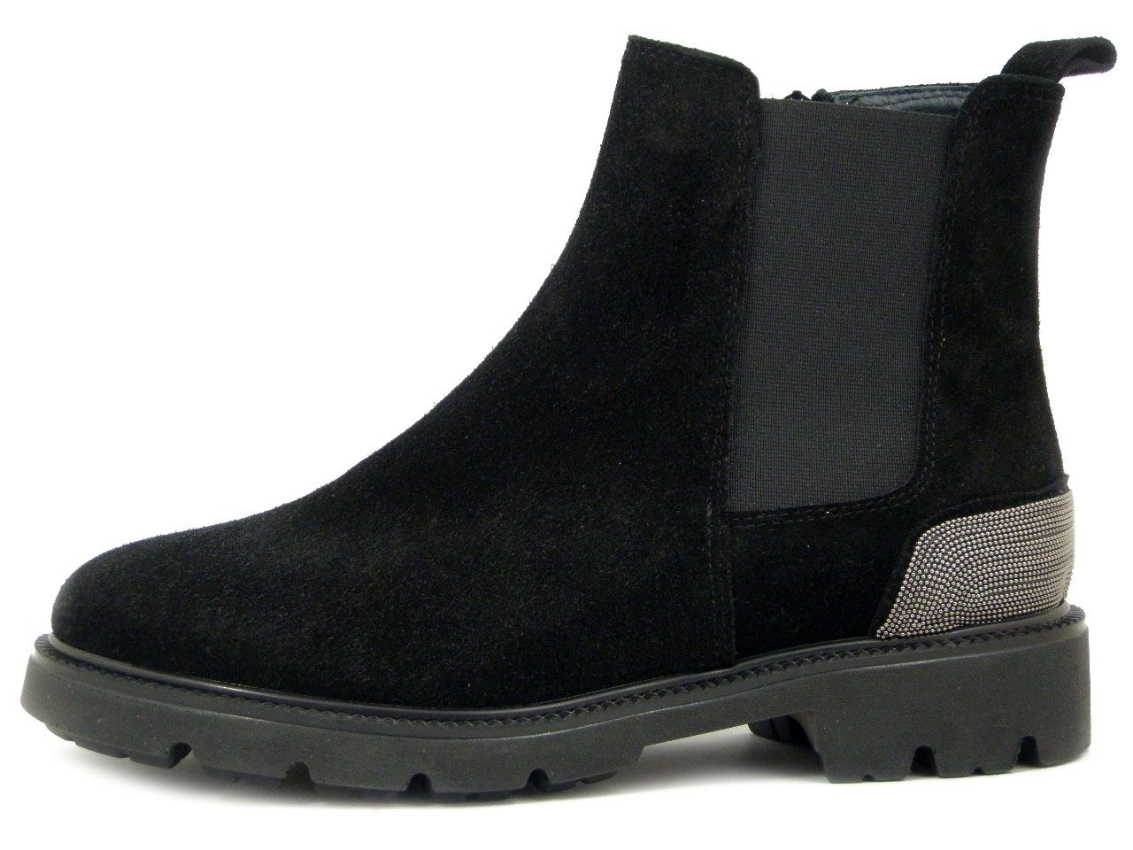 Stivaletti Donna in Pelle Camoscio Nero con Elastico e Mini Borchie, Tacco Basso, VERNISSAGE- 17452 Stivaletti Donna in Pelle Camoscio Nero con Elastico e Mini Borchie, Tacco Basso, VERNISSAGE- 17452