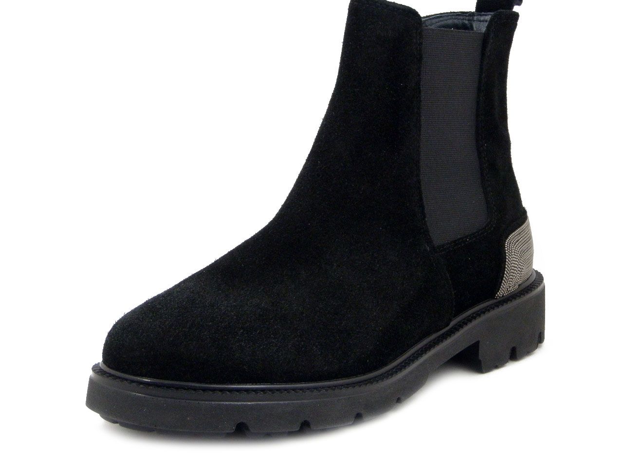 Stivaletti Donna in Pelle Camoscio Nero con Elastico e Mini Borchie, Tacco Basso, VERNISSAGE- 17452