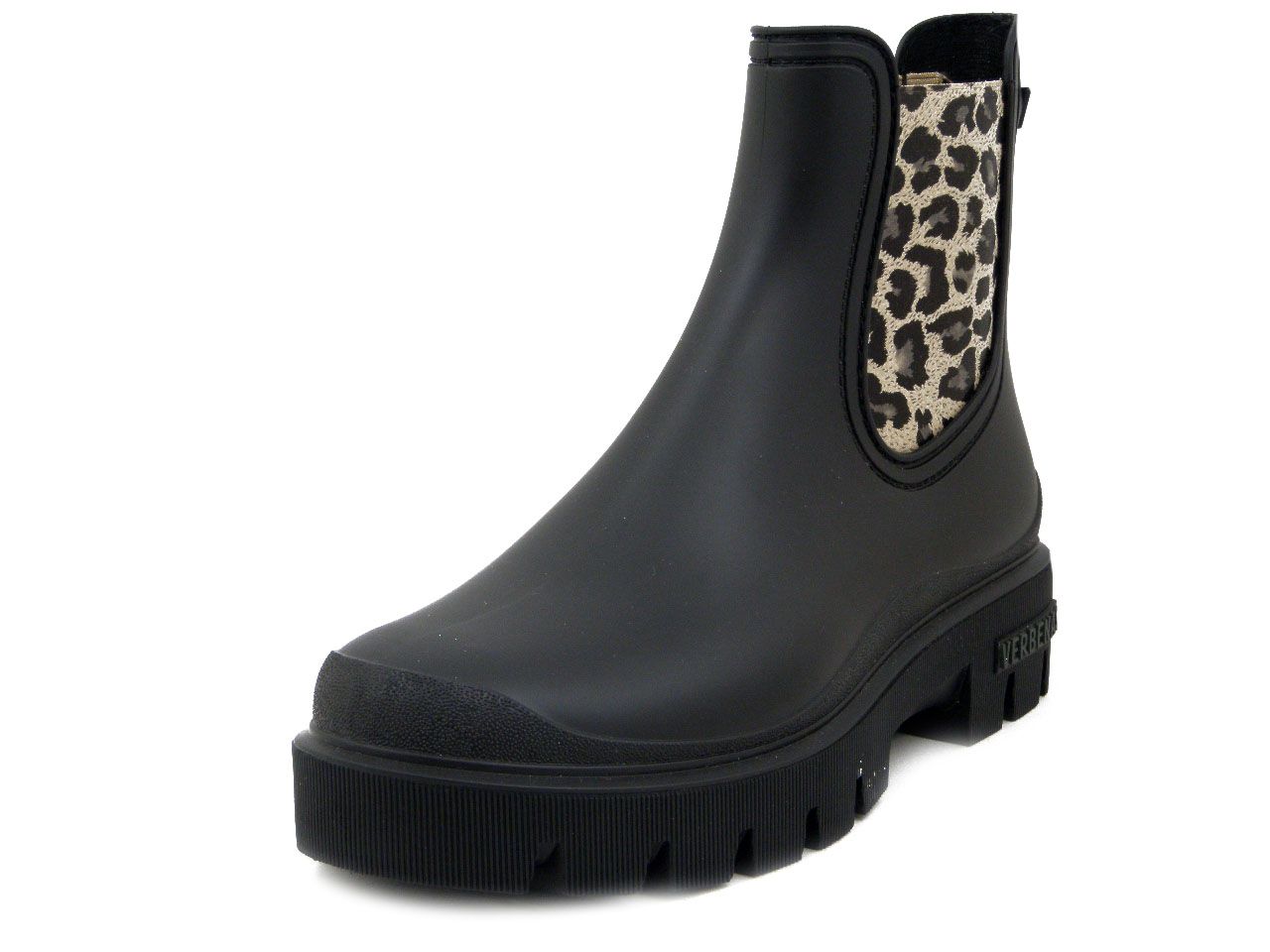 Stivaletti da Pioggia Donna in Gomma Neri e Animalier, Tacco Basso, VERBENAS - MAE