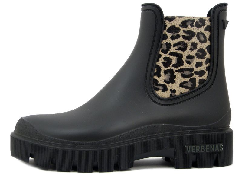 Stivaletti da Pioggia Donna in Gomma Neri e Animalier, Tacco Basso, VERBENAS - MAE