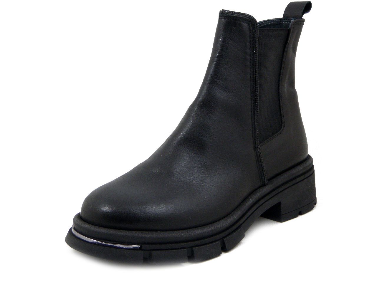 Stivaletti Donna in Pelle Nero con Elastico e Strass, Tacco Basso, Vernissage - 8239