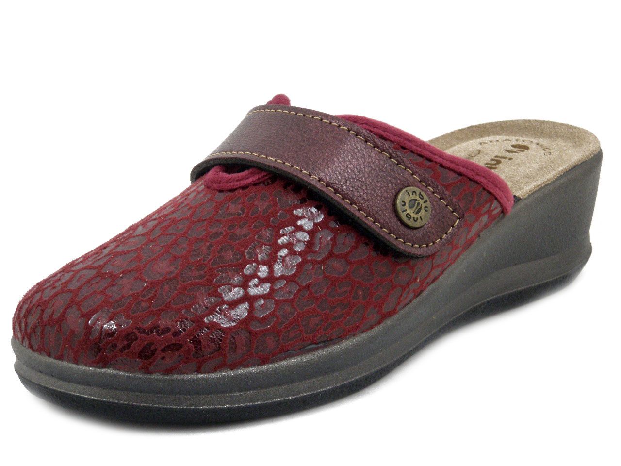 Pantofole Donna in Tessuto Rosso Animalier con Strap, Sottopiede Vera Pelle, Zeppa Bassa, Inblu - GI23