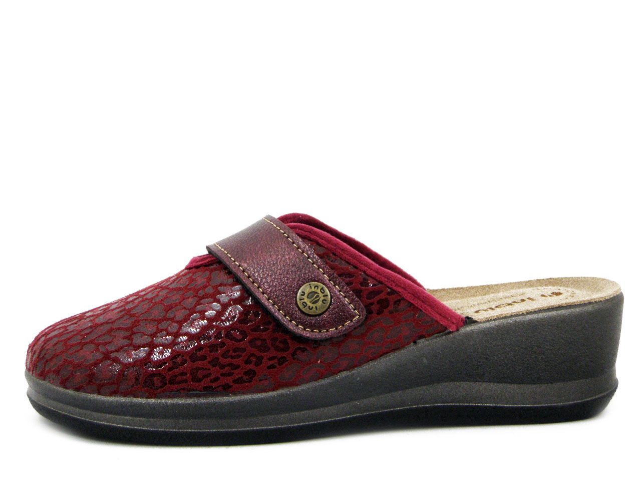 Pantofole Donna in Tessuto Rosso Animalier con Strap, Sottopiede Vera Pelle, Zeppa Bassa, Inblu - GI23