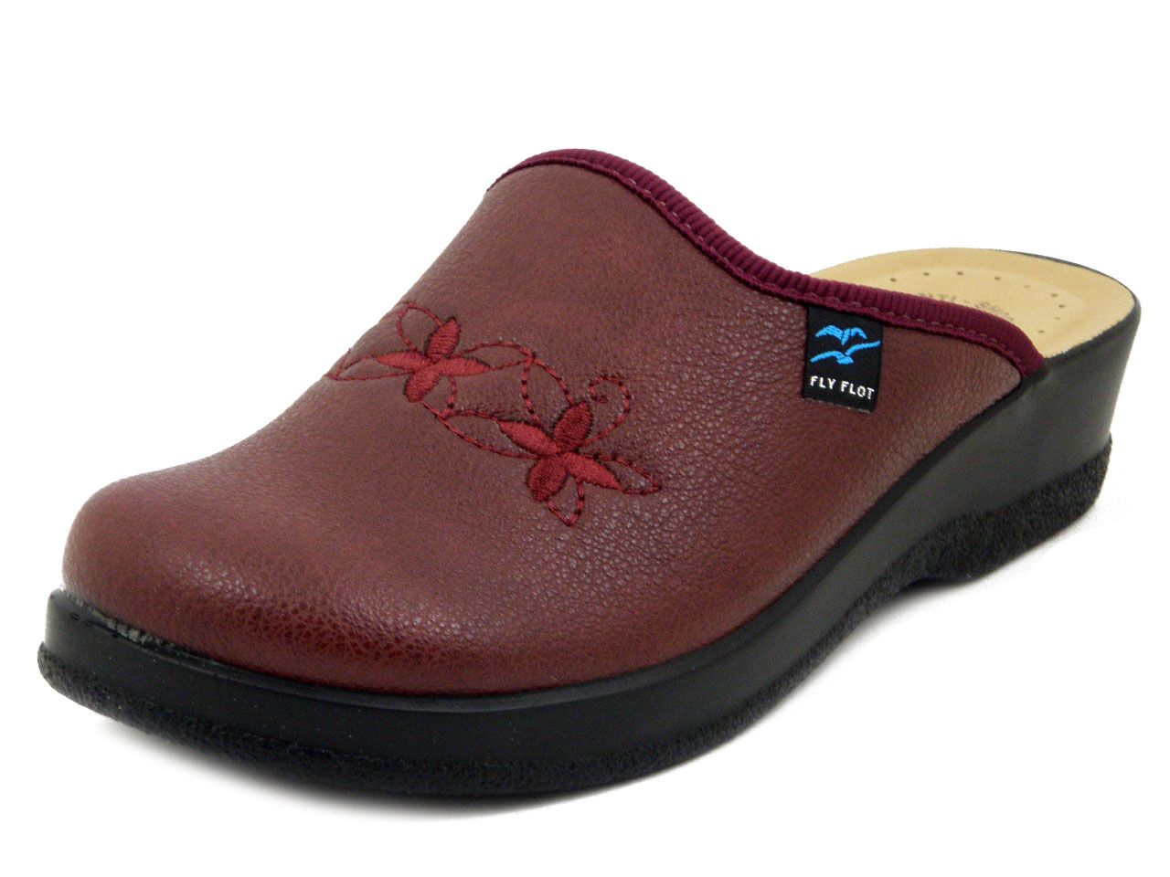 Ciabatte Pantofole Donna in Eco Pelle Rosso Bordeaux, Zeppa Bassa, FLYFLOT - 63Q51