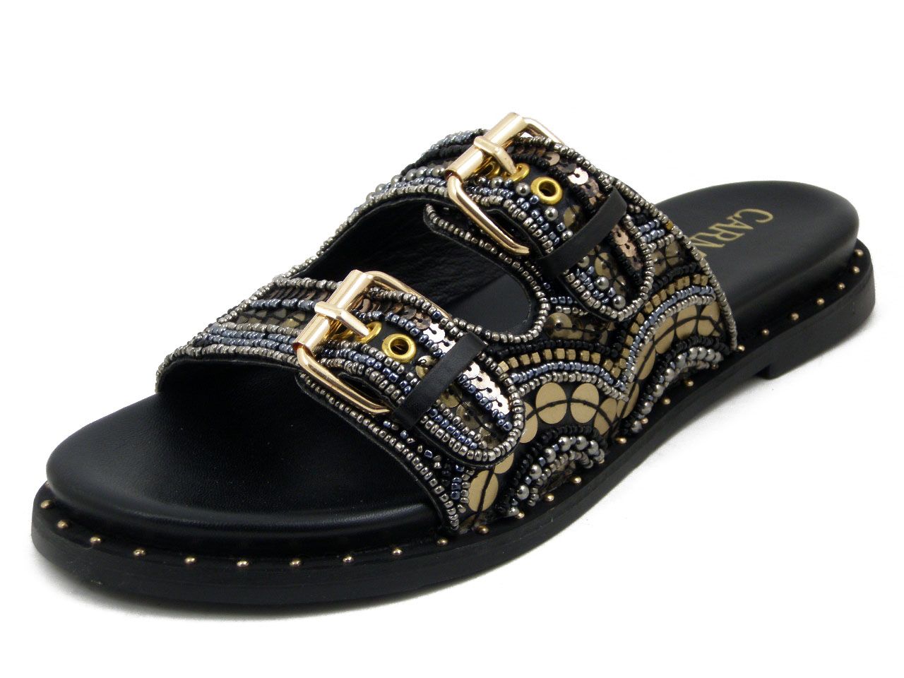 Sandali Ciabatta Donna in Pelle Nero con Perline e Paillettes, Tacco Basso, Carmela - 163200