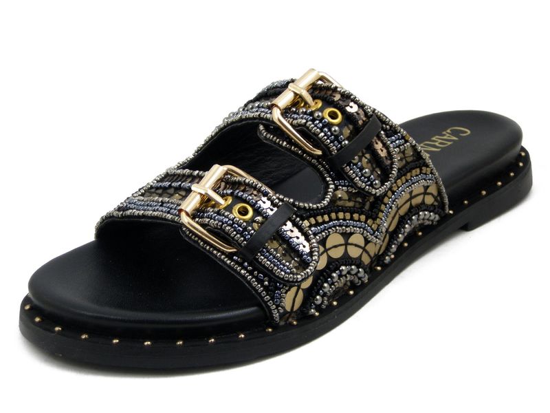 Sandali Ciabatta Donna in Pelle Nero con Perline e Paillettes, Tacco Basso, Carmela - 163200