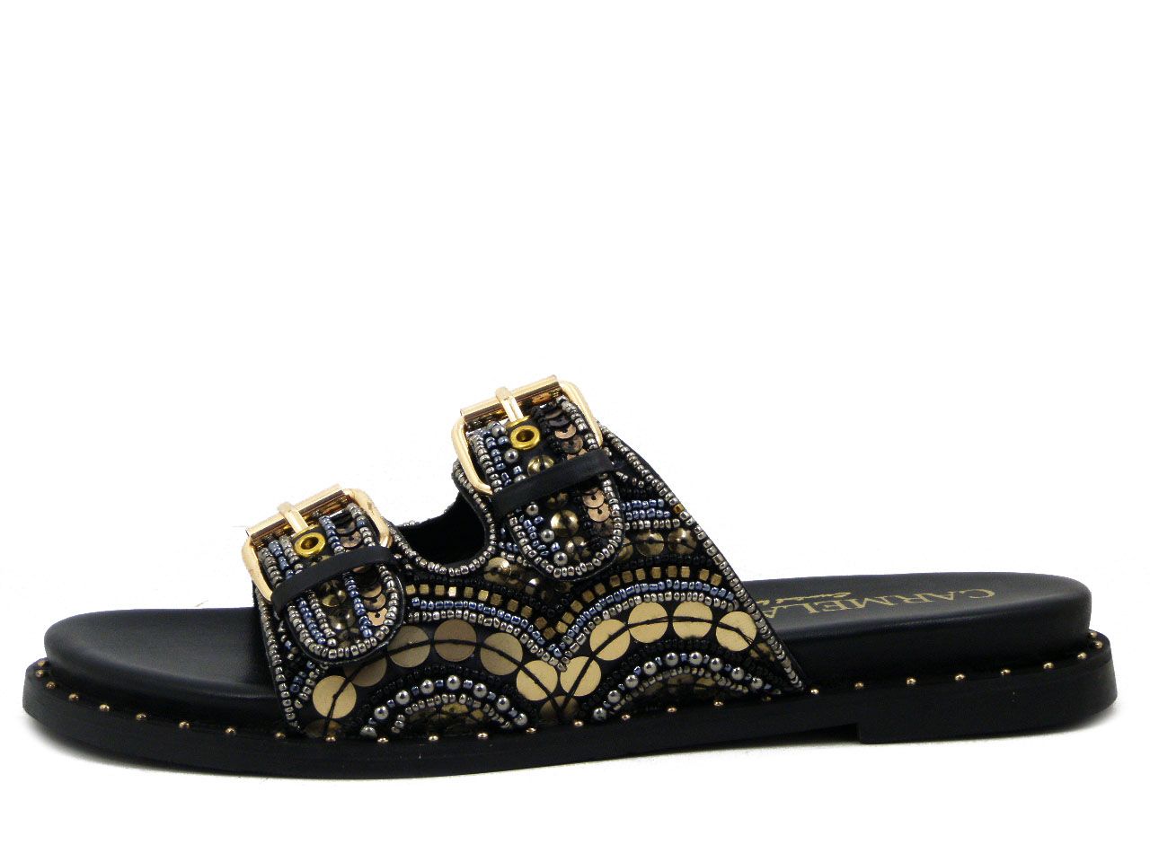 Sandali Ciabatta Donna in Pelle Nero con Perline e Paillettes, Tacco Basso, Carmela - 163200