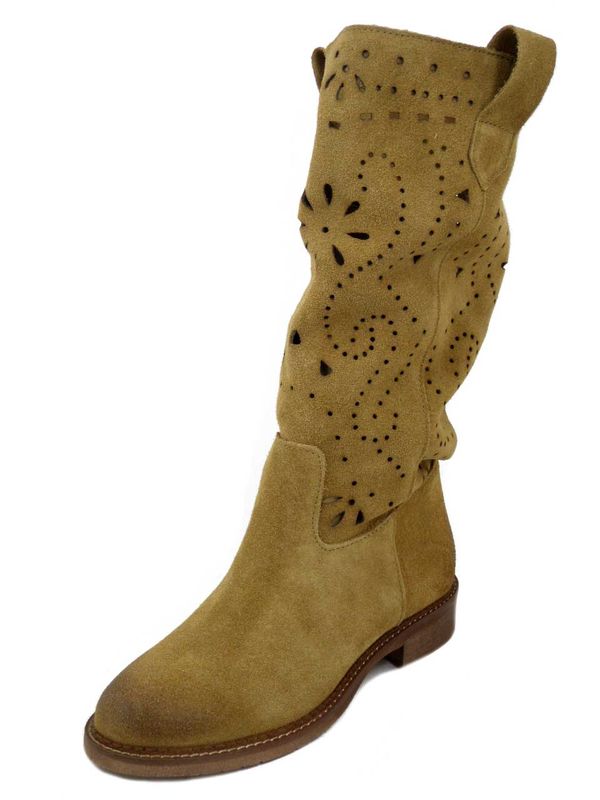 Stivali Donna Estivi in Pelle Camoscio Marrone Cuoio, Tacco Basso, Osvaldo Pericoli - 082