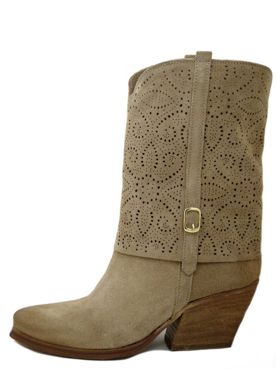 Stivali Donna Texani in Pelle Camoscio Beige, Tacco Medio, Osvaldo Pericoli - 243 Stivali Donna Texani in Pelle Camoscio Beige, Tacco Medio, Osvaldo Pericoli - 243