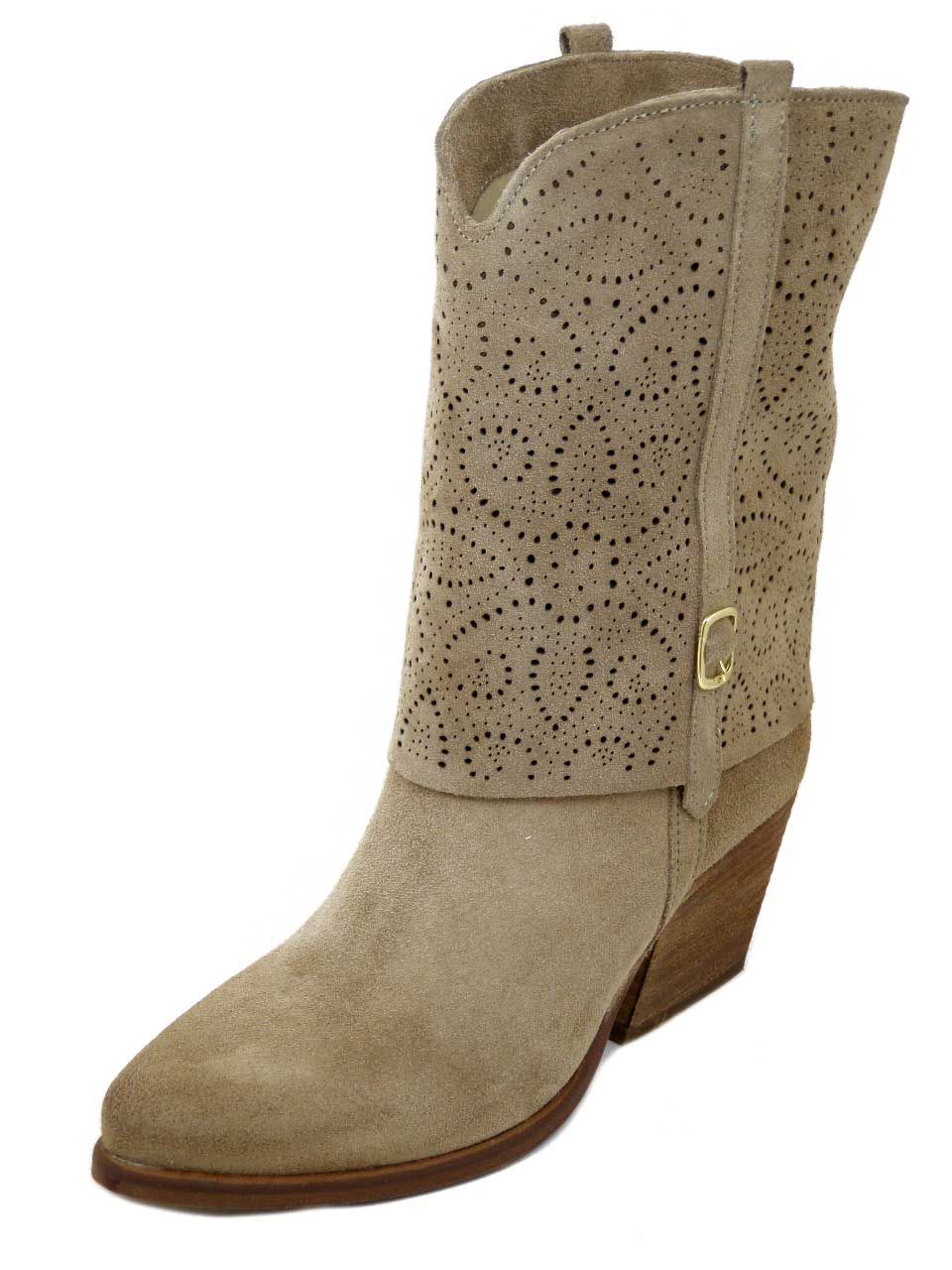 Stivali Donna Texani in Pelle Camoscio Beige, Tacco Medio, Osvaldo Pericoli - 243
