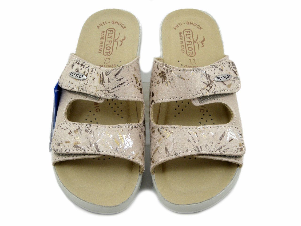 Sandali Donna, ciabatta in Eco Pelle Beige, Doppio Strap, Sottopiede in Vera Pelle, FlyFlot - T5B18