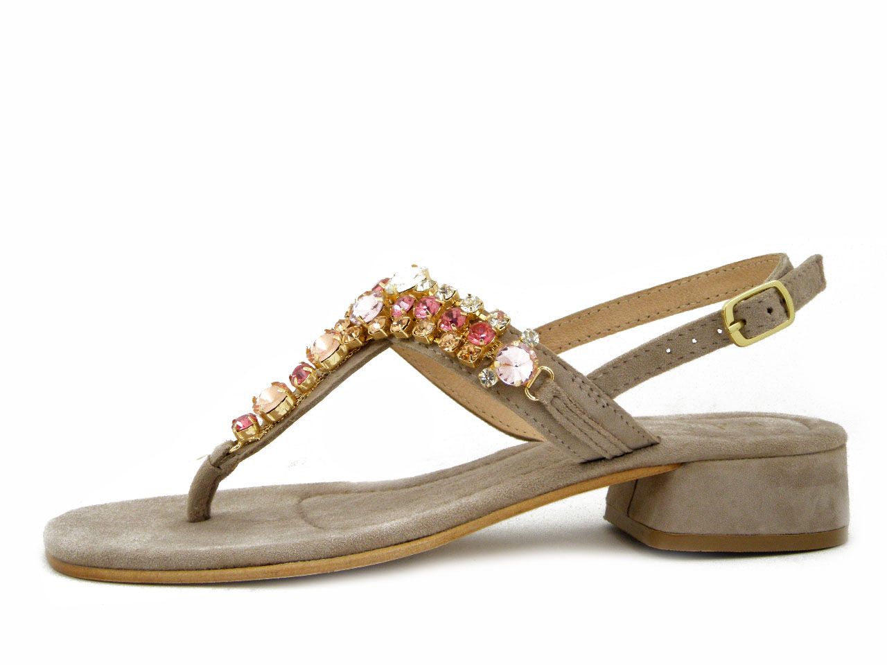 Sandalo Donna Infradito Gioiello in Pelle Beige, Tacco Basso, LE CHICCHE - 6866