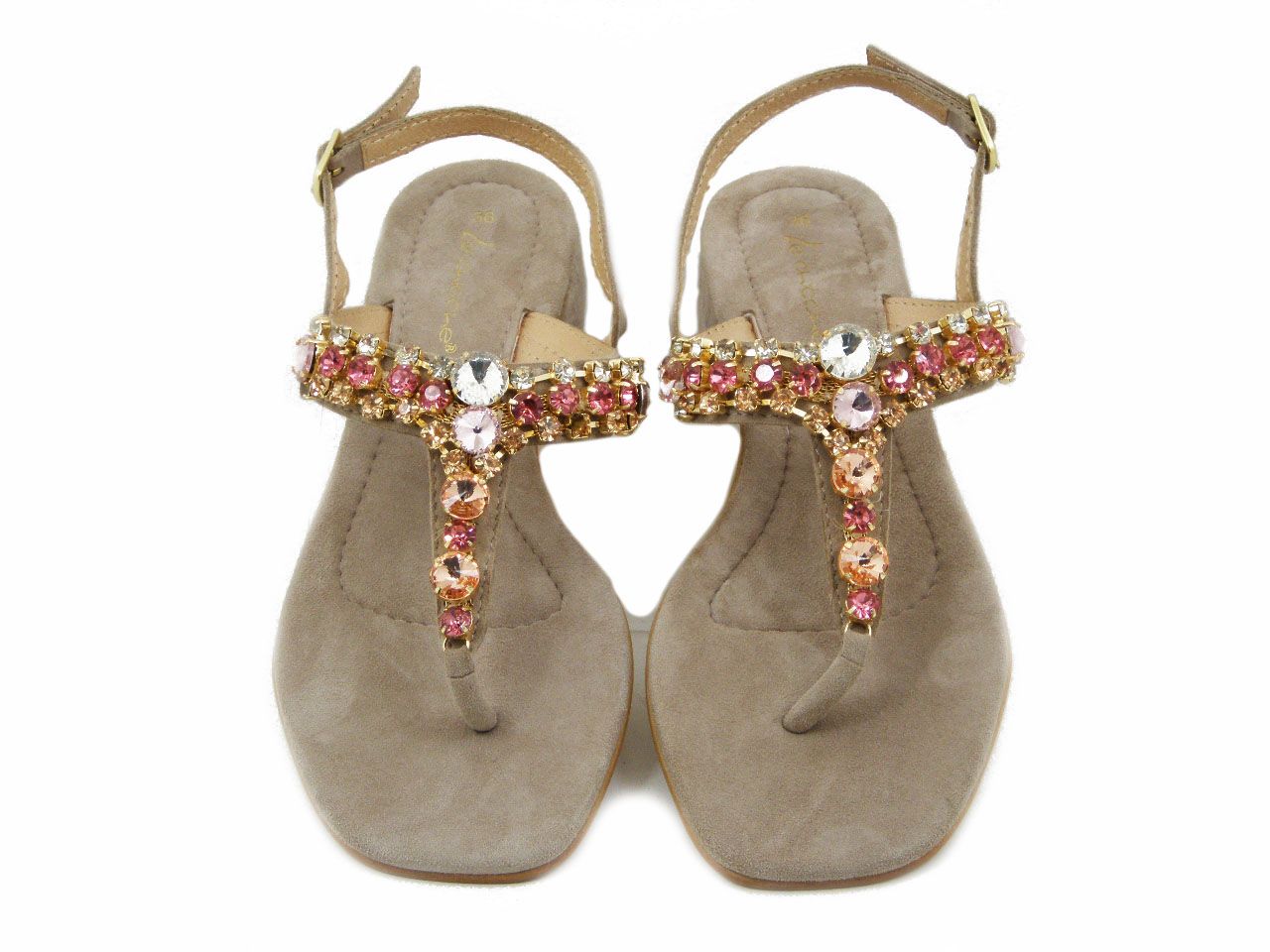 Sandalo Donna Infradito Gioiello in Pelle Beige, Tacco Basso, LE CHICCHE - 6866