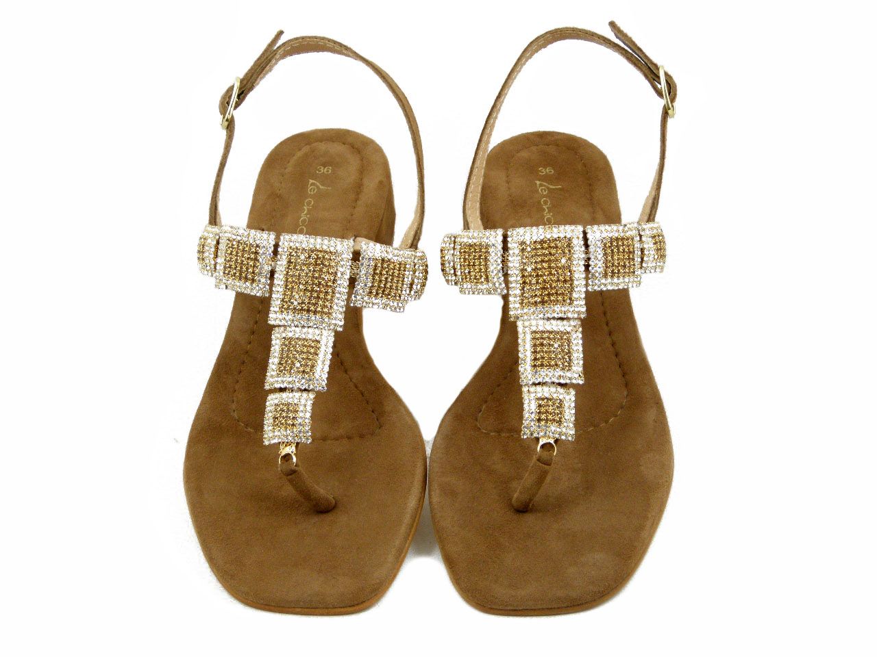 Sandalo Donna Infradito Gioiello in Pelle Marrone Bronzo, Tacco Basso, LE CHICCHE - 25330
