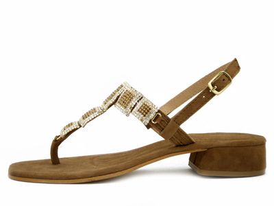 Sandalo Donna Infradito Gioiello in Pelle Marrone Bronzo, Tacco Basso, LE CHICCHE - 25330