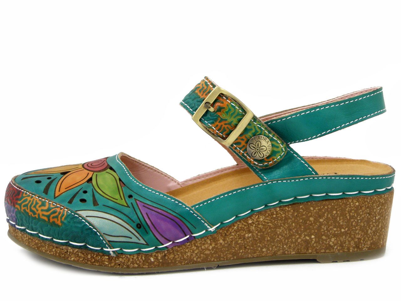 Sabot Donna in Pelle Verde e Multicolore, Zeppa Media 5 cm, LAURA VITA - FASCINEO02