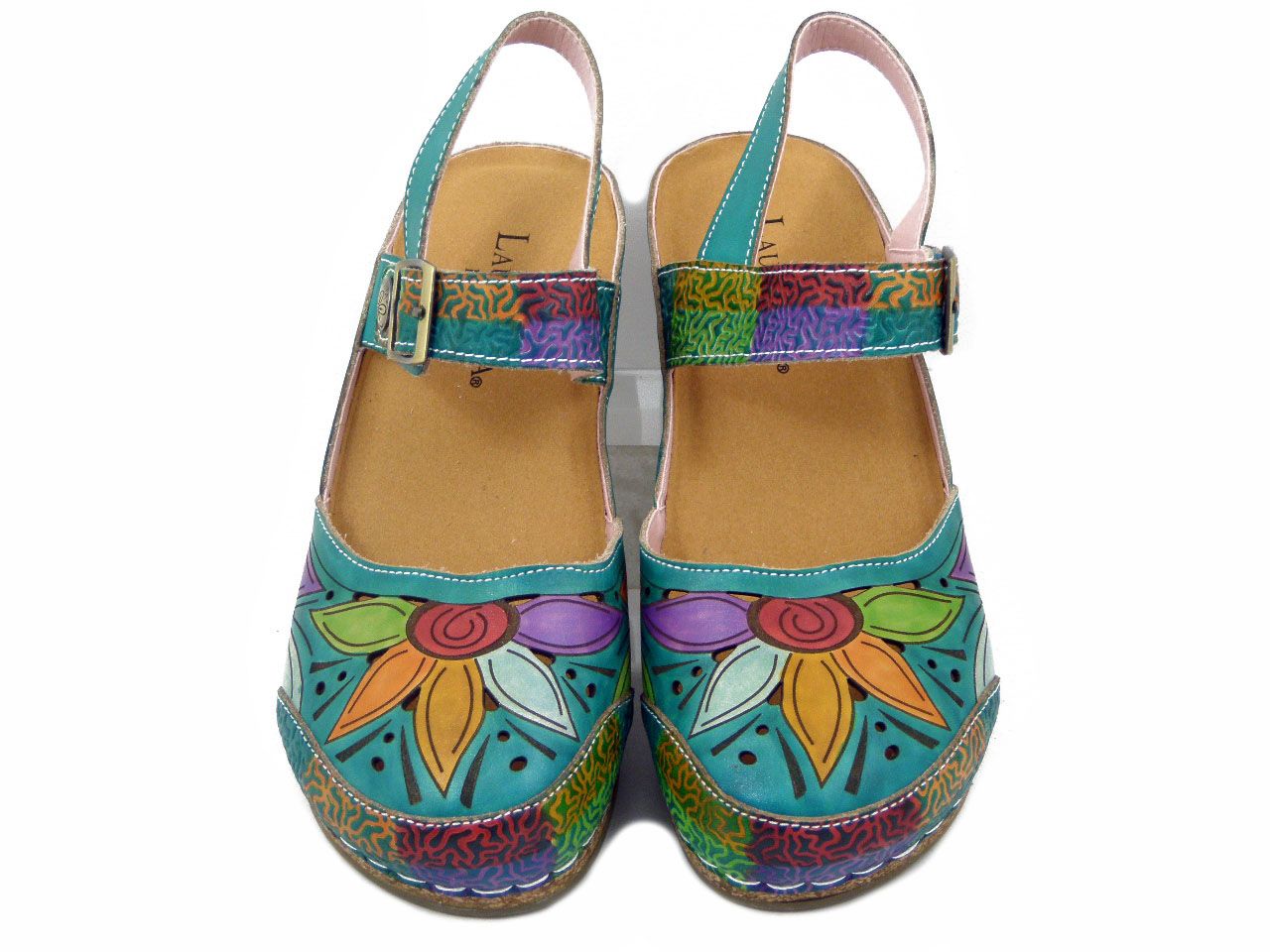 Sabot Donna in Pelle Verde e Multicolore, Zeppa Media 5 cm, LAURA VITA - FASCINEO02