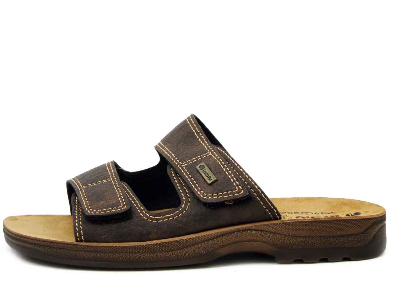 Ciabatte Uomo in Eco Pelle Marrone con doppio Strap, Sottopiede Vera Pelle, INBLU - TG06