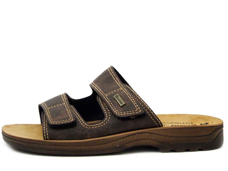 Ciabatte Uomo in Eco Pelle Marrone con doppio Strap, Sottopiede Vera Pelle, INBLU - TG06