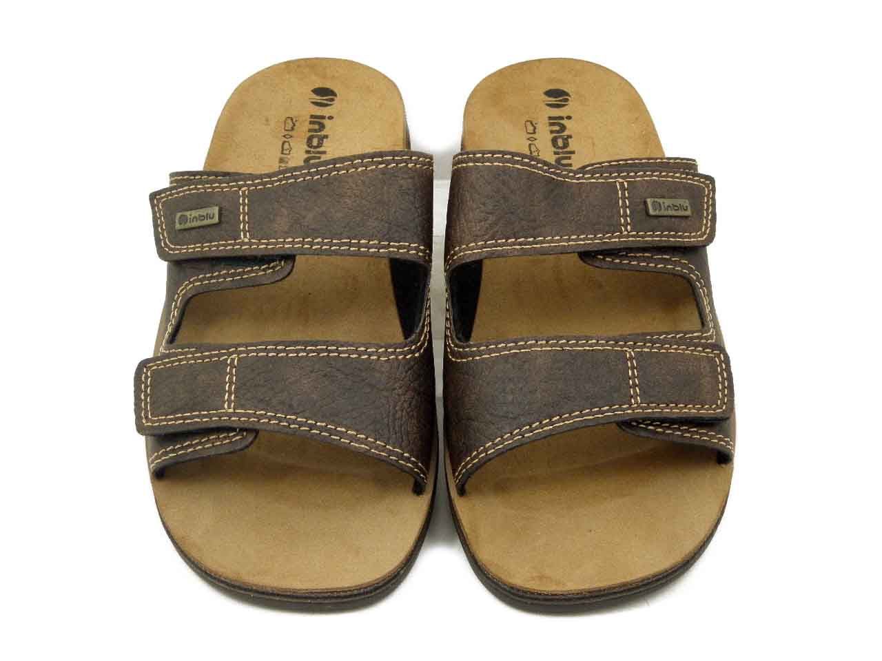 Ciabatte Uomo in Eco Pelle Marrone con doppio Strap, Sottopiede Vera Pelle, INBLU - TG06