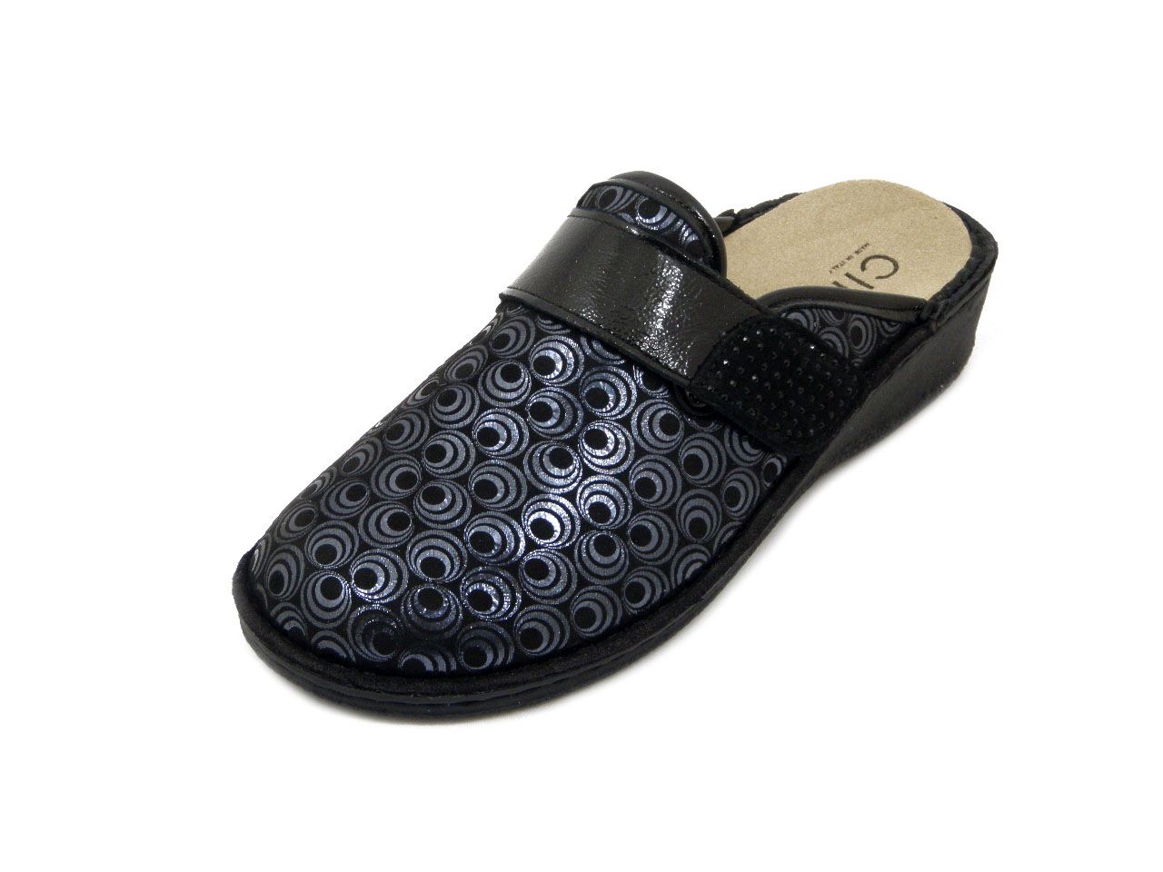 Pantofole Donna Linea Sanitaria in Tessuto Elasticizzato Nero con Strap, Plantare Estraibile, Zeppa Bassa, CINZIA SOFT - 24281