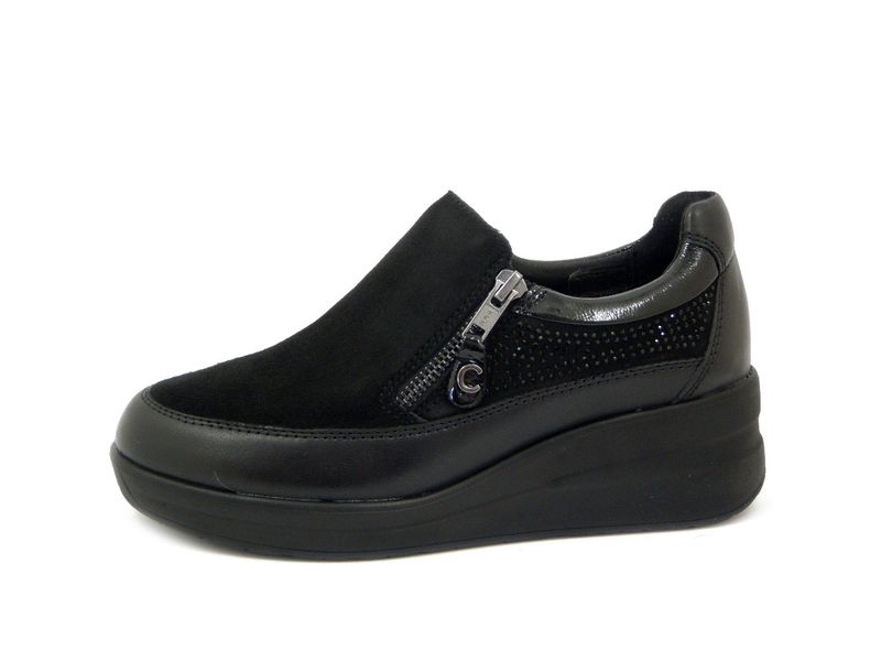 Slipon Donna in Pelle e Camoscio Nero, Zeppa Media, Plantare Estraibile, CINZIA SOFT - 25710 Slipon Donna in Pelle e Camoscio Nero, Zeppa Media, Plantare Estraibile, CINZIA SOFT - 25710